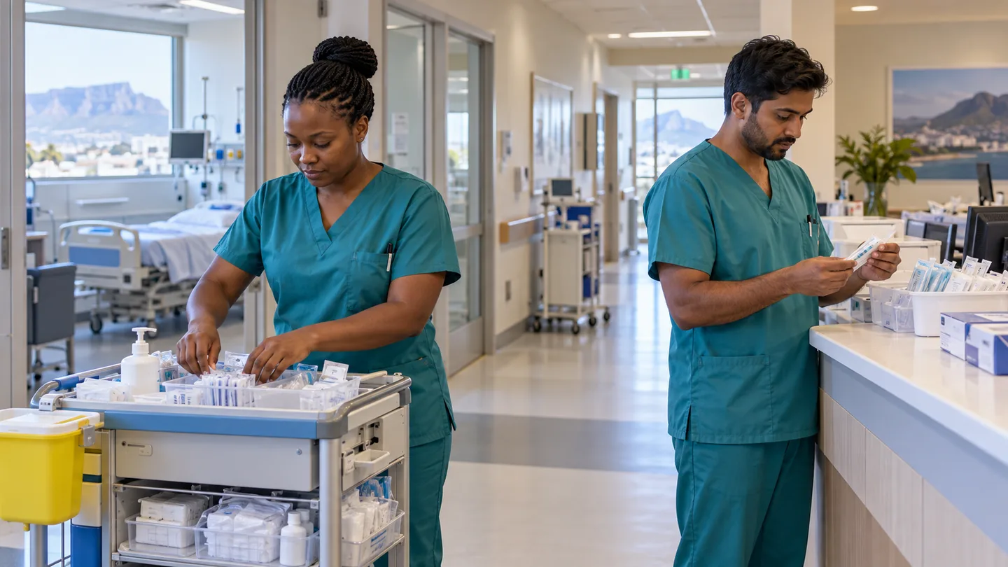 Nurses preparing clinical supplies at a hospital station