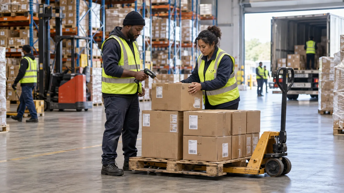 Warehouse staff scanning parcels beside a loading bay and pallet trolley